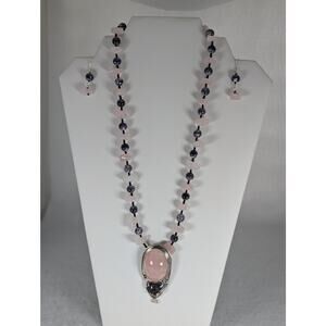 Rose quartz + Druzy Necklace + Earrings light oxydized set in sterling silverNWT